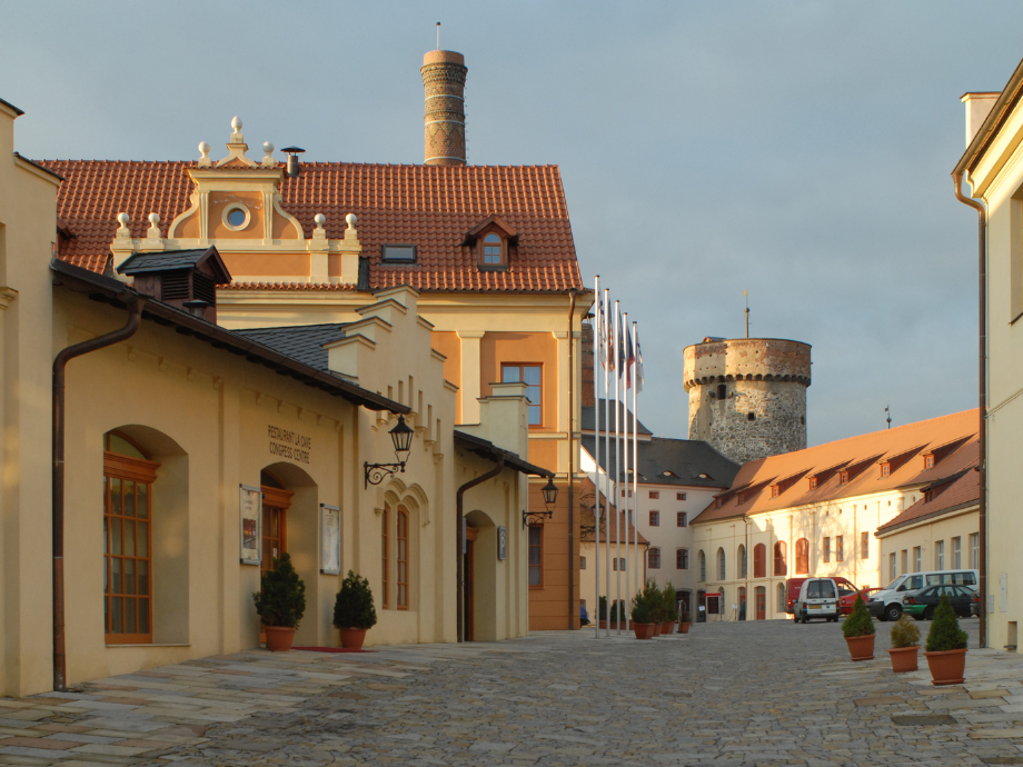 Sunlit cobblestone street in a historic European town, with pastel-yellow buildings, potted evergreens, and flagpoles guiding toward a stone tower in the background.