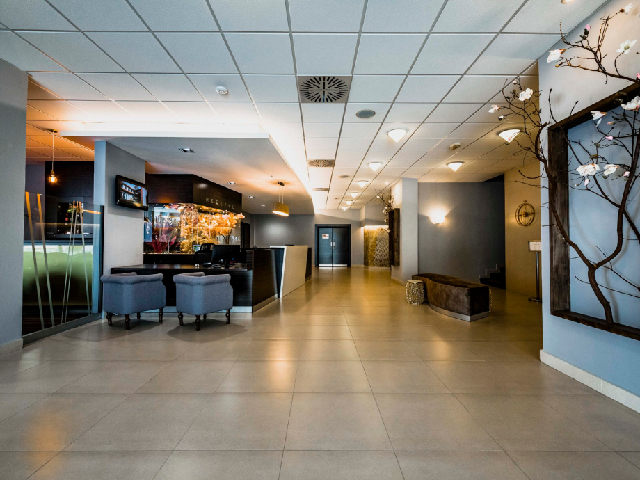 Modern hotel lobby with a reception desk, two blue chairs, and a curved bench; glass partitionLeft and decorative tree artwork on the right.