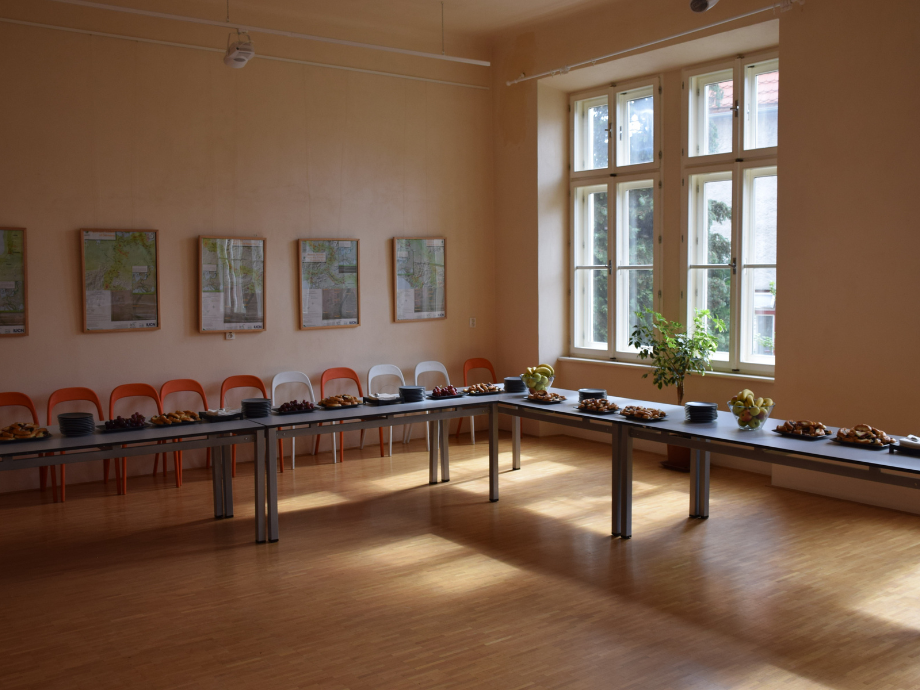 Refreshments laid out along two connected tables in a bright room; pastries, fruit bowls, and plates ready for a meeting