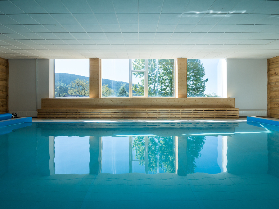 Indoor swimming pool with calm blue water and a wooden tiered seating platform along large windows showing trees outside.
