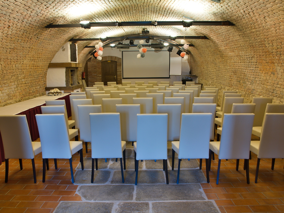 Rows of cream chairs set in a vaulted brick cellar facing a projector screen for a presentation event.