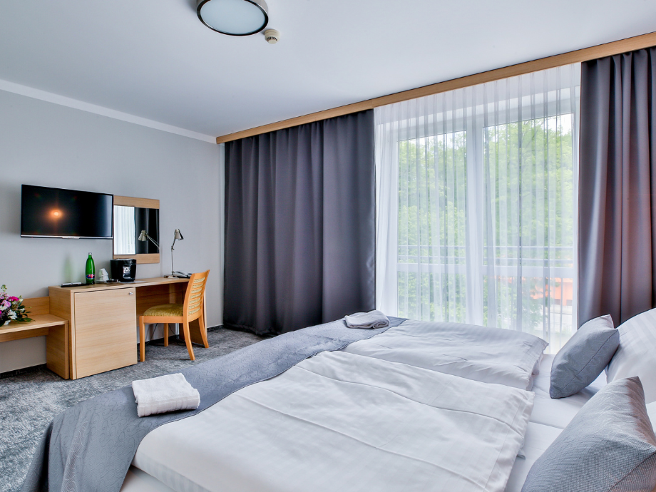 Hotel room with a double bed, a wooden desk and chair, a wall-mounted TV, and a large window with sheer and dark curtains providing outside greenery view.