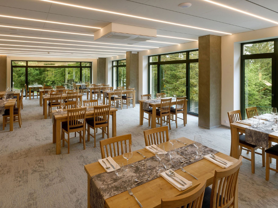 Bright restaurant dining room with wood tables, chairs, and place settings, large windows overlooking greenery outside the room.