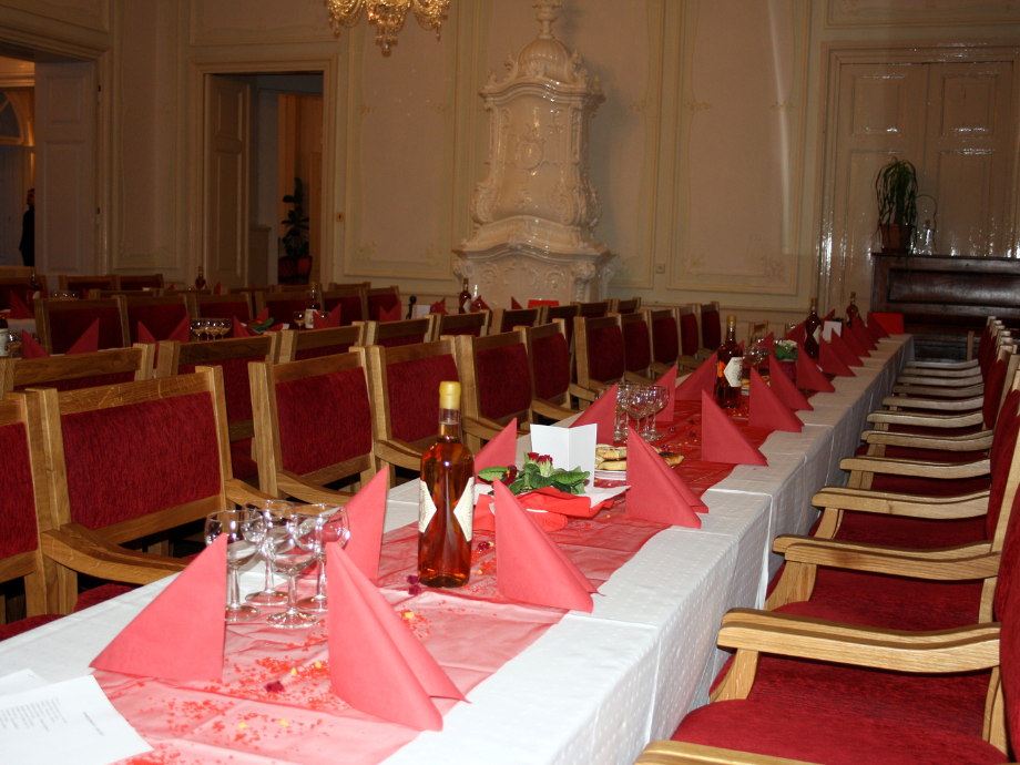 Long banquet table in a formal hall, red napkins folded into triangles, wine bottle and glasses set for a meal.