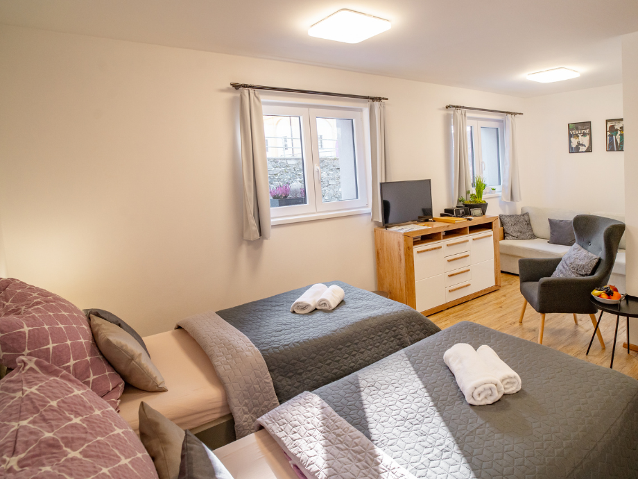 Modern hotel room with two neatly made beds, a wooden dresser with a TV, a gray armchair, and a small round table with fruit.